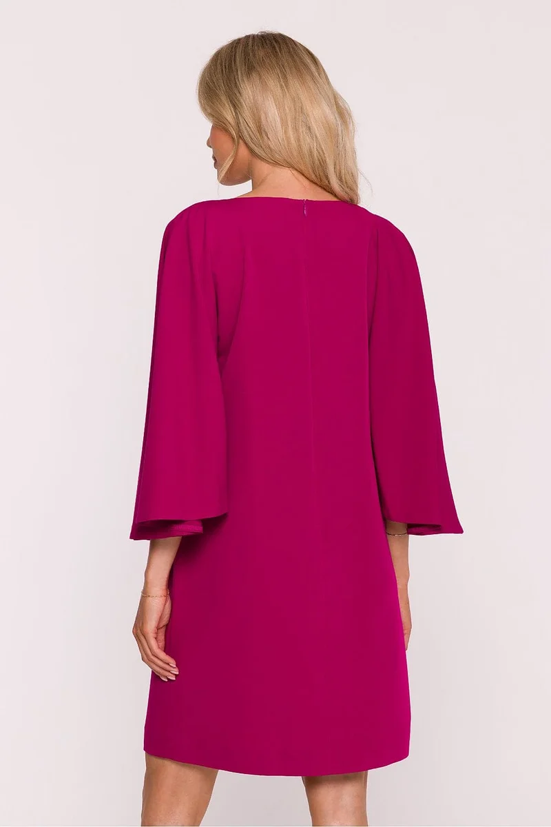 Robe trapèze courte rose manches longues chic