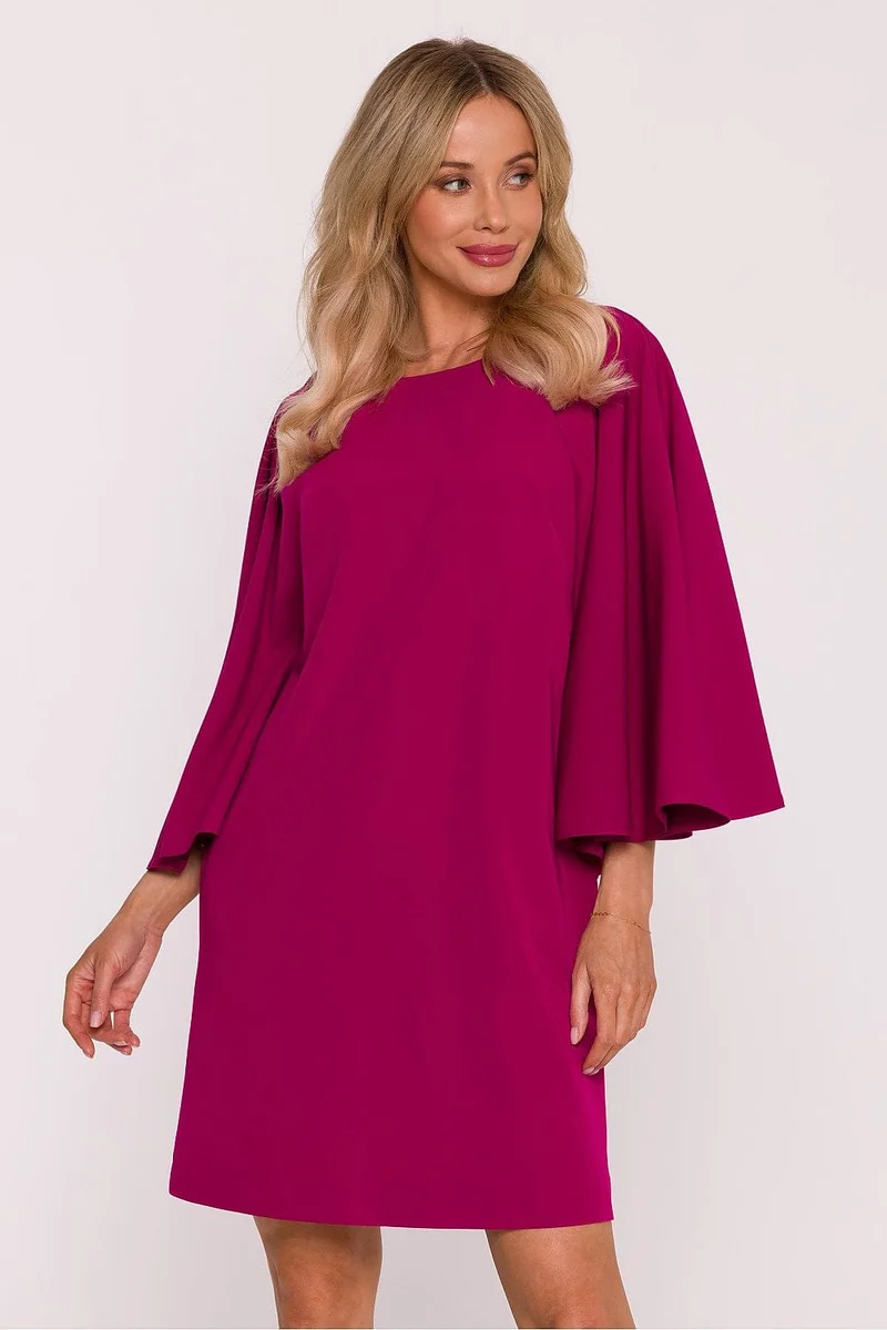 Robe trapèze courte rose manches longues chic