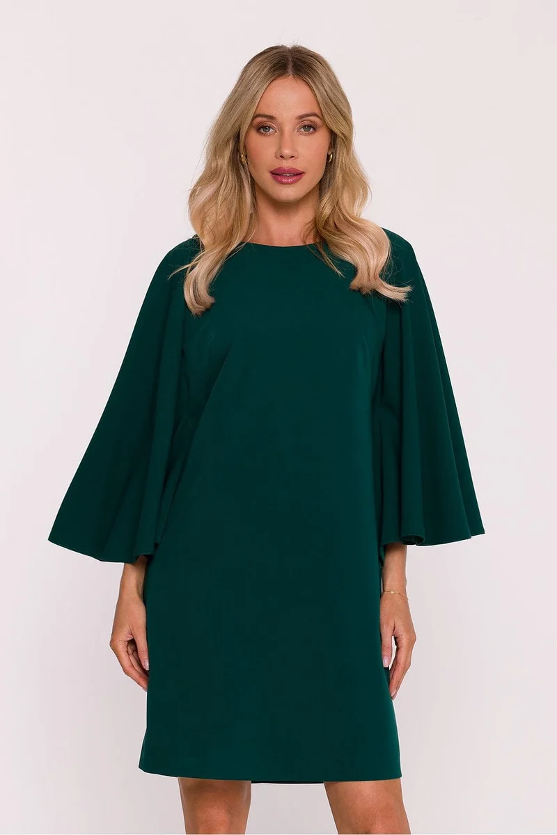 Robe de cocktail verte courte manches longues fluide