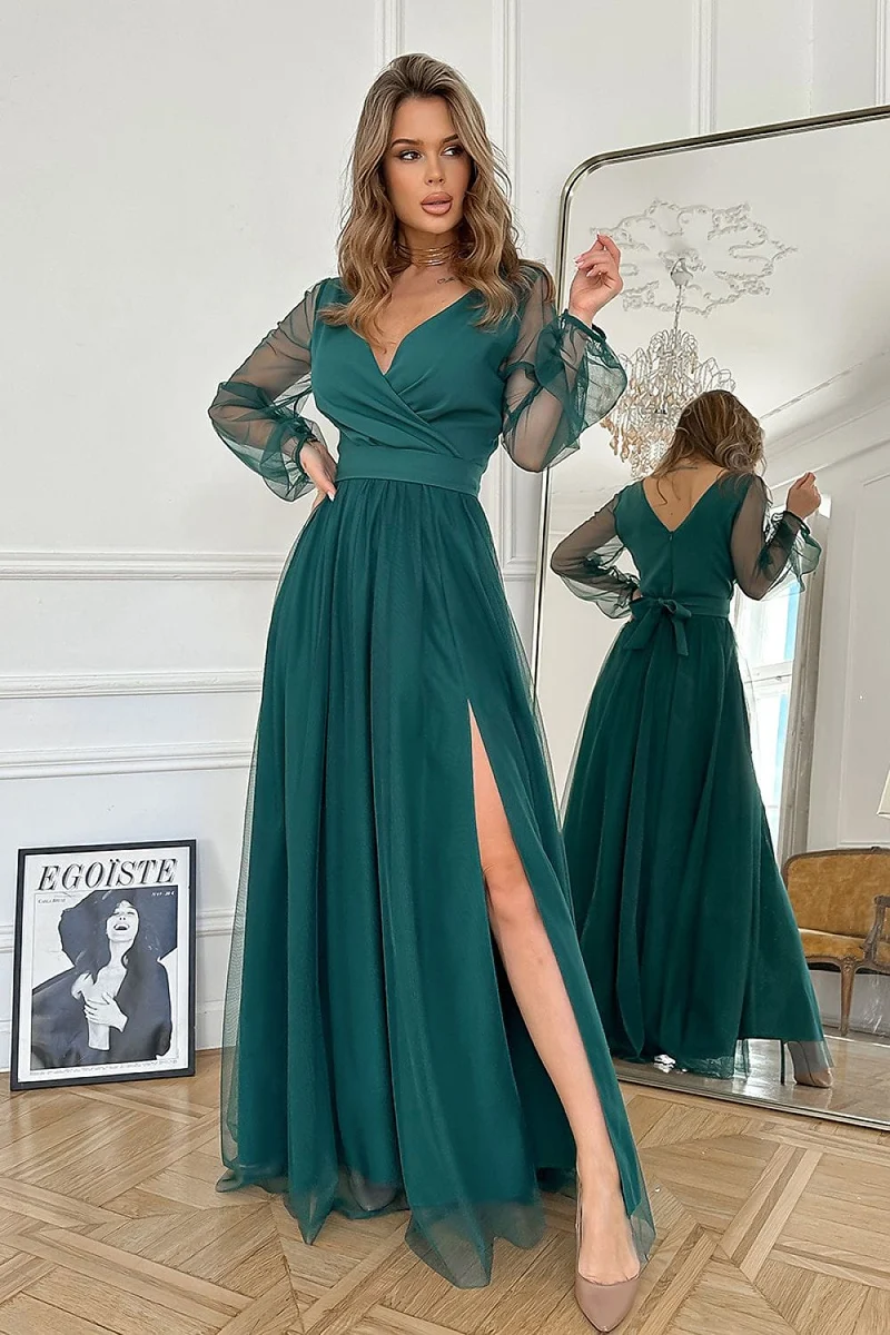 Robe de soirée verte longue manches longues en tulle