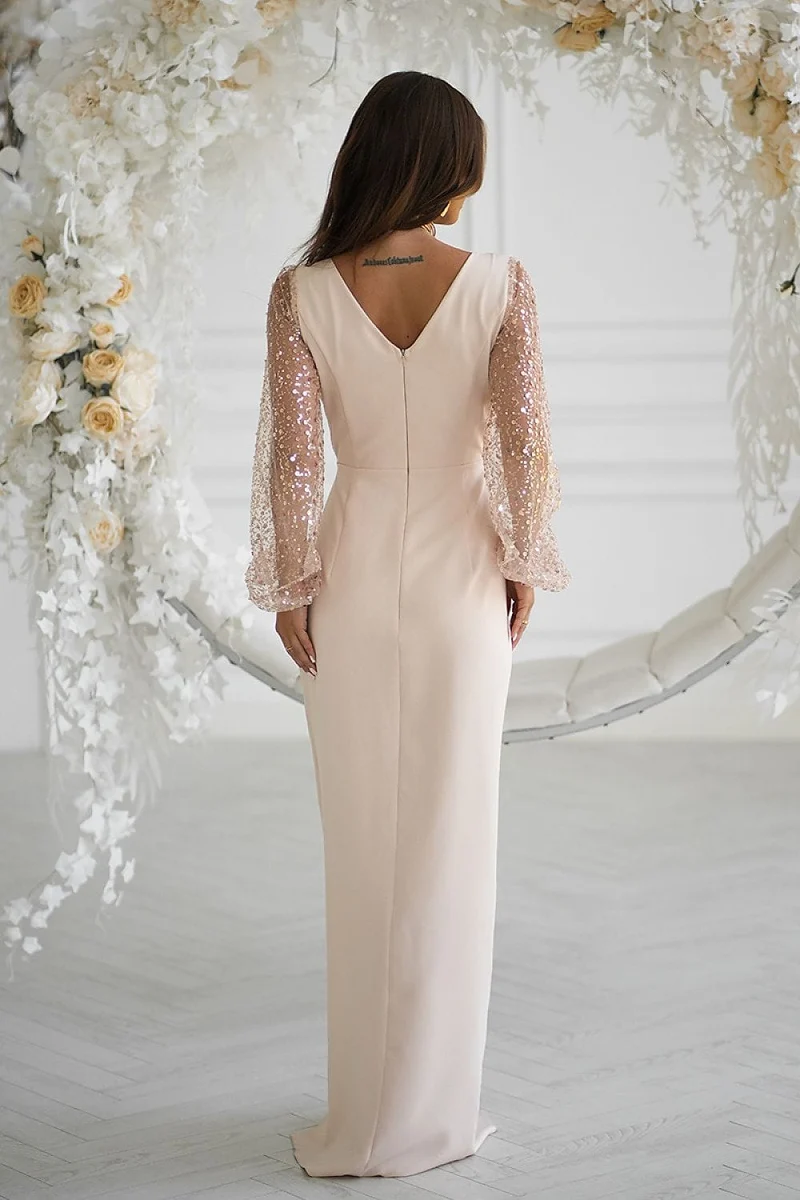 Robe de soirée mariage beige longue chic