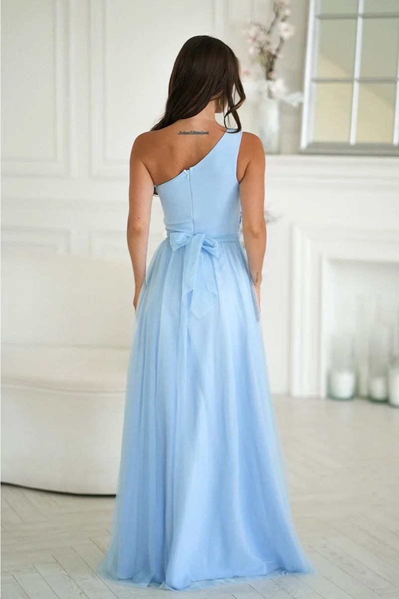 Robe demoiselle d'honneur bleue longue asymétrique