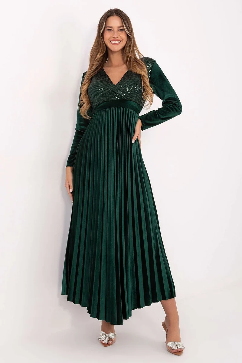 Robe de soirée verte longue chic plissée