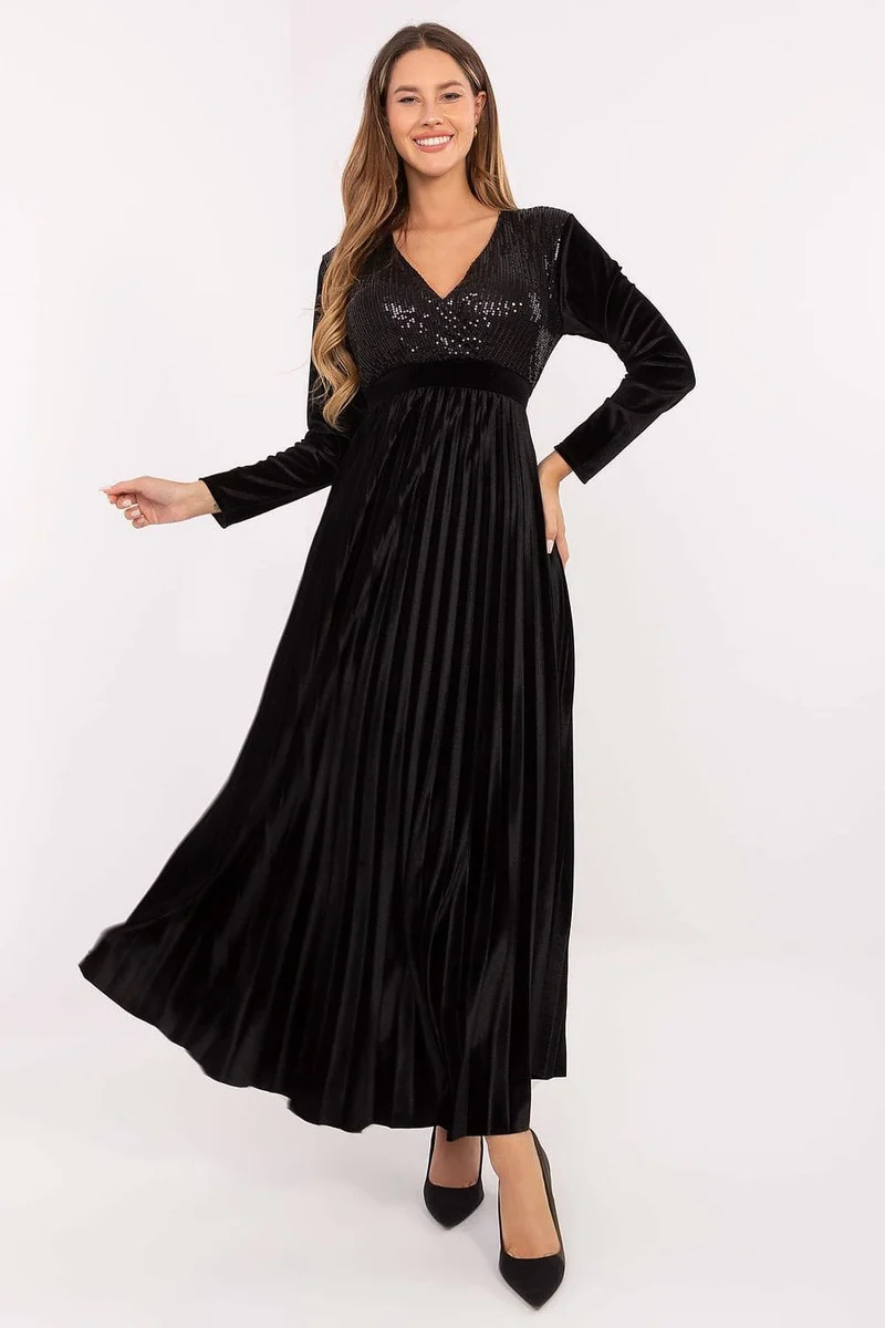 Robe de soirée noire plissée longue manches longues
