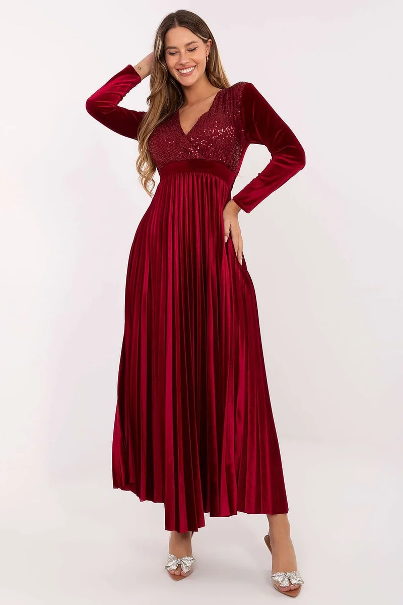 Robe de soirée bordeaux chic longue manches longues