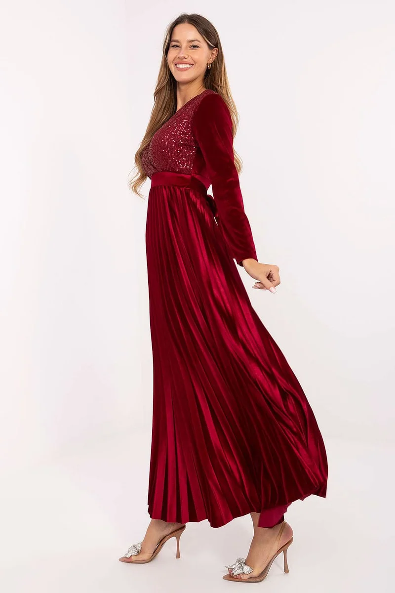Robe de soirée bordeaux chic longue manches longues