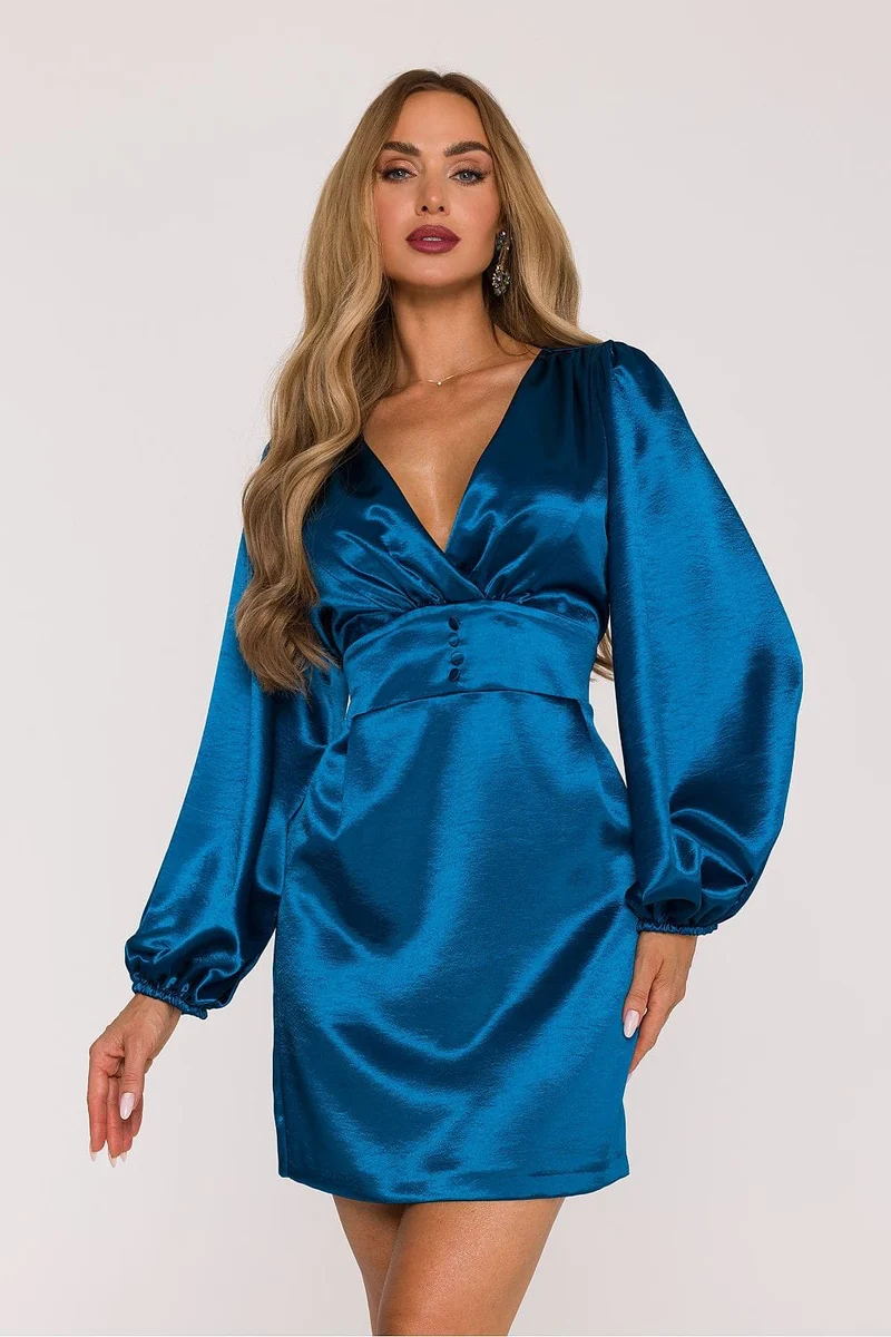 Robe courte bleu sarcelle à manches bouffantes