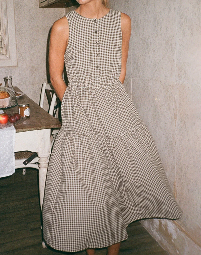 Galuh - Robe à smocks en mini vichy marron