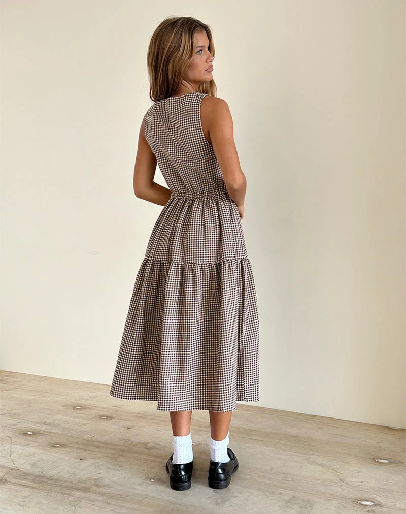 Galuh - Robe à smocks en mini vichy marron