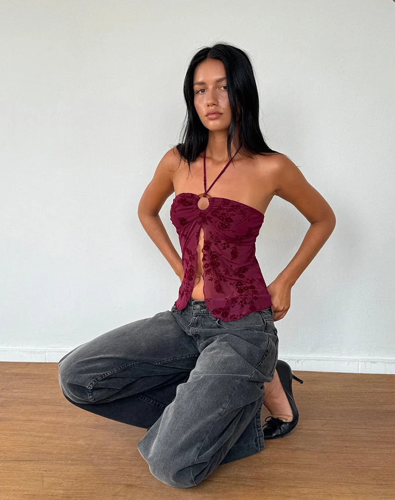 Top Janar en Botanical Flower Maroon
