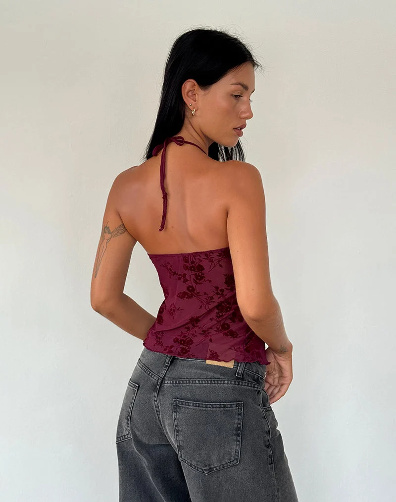 Top Janar en Botanical Flower Maroon