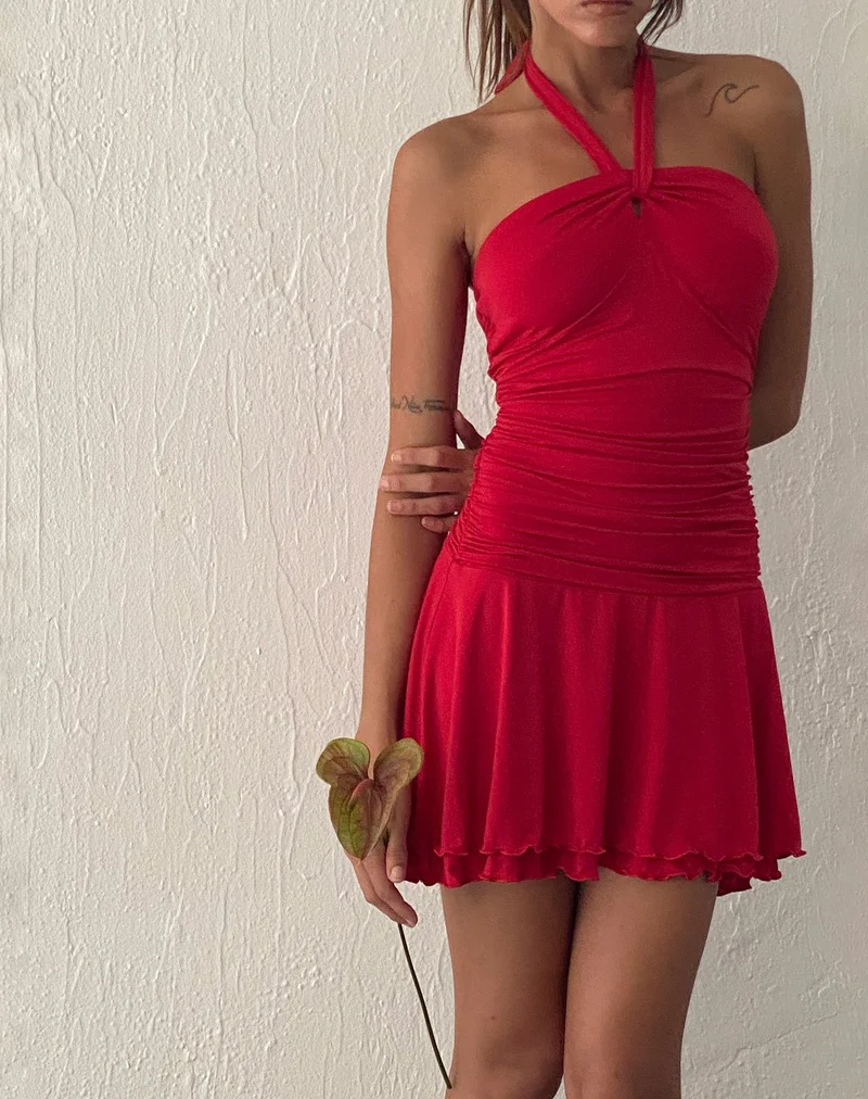 Bibi Bandeau Halterneck Mini Dress in Red