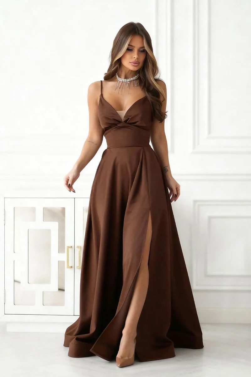 Robe de bal marron longue fendue chic