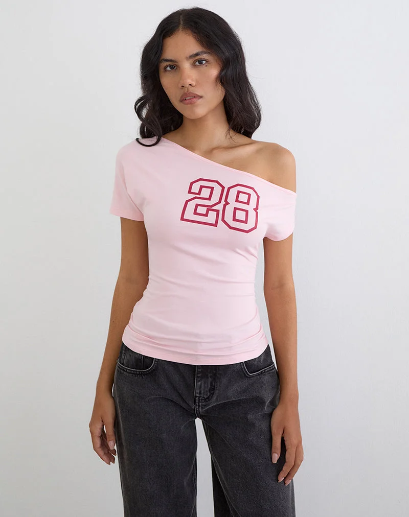 Haut asymétrique Danama en jersey de rayonne rose pâle avec motif « 28 »