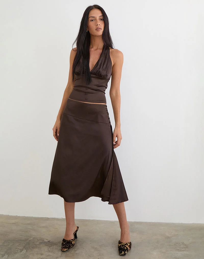 Jupe midi Manyala en satin marron foncé