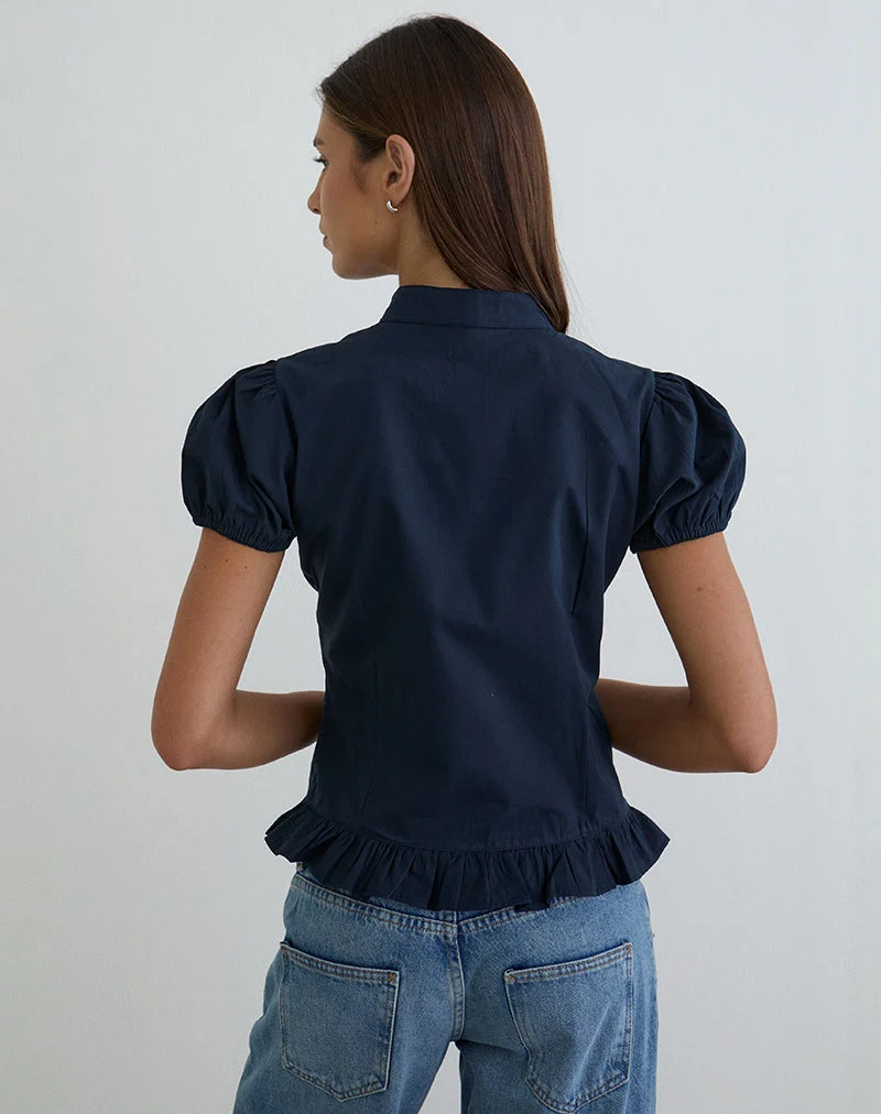 Blouse à manches bouffantes et encolure en Yamila, bleu marine foncé