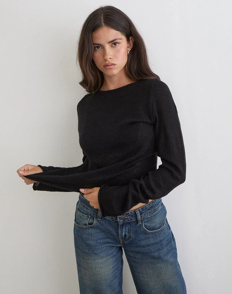 Haut à manches longues Aika en maille transparente noire