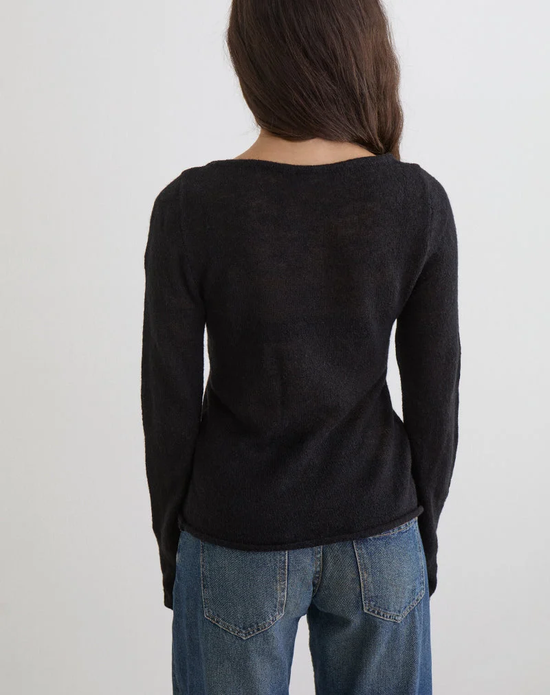Haut à manches longues Aika en maille transparente noire