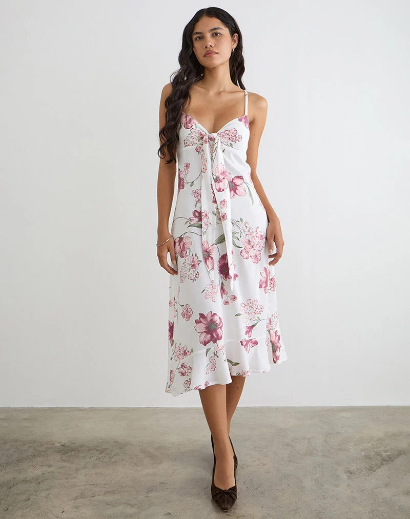 Robe midi Nalami, motif floral « Femme », blanche