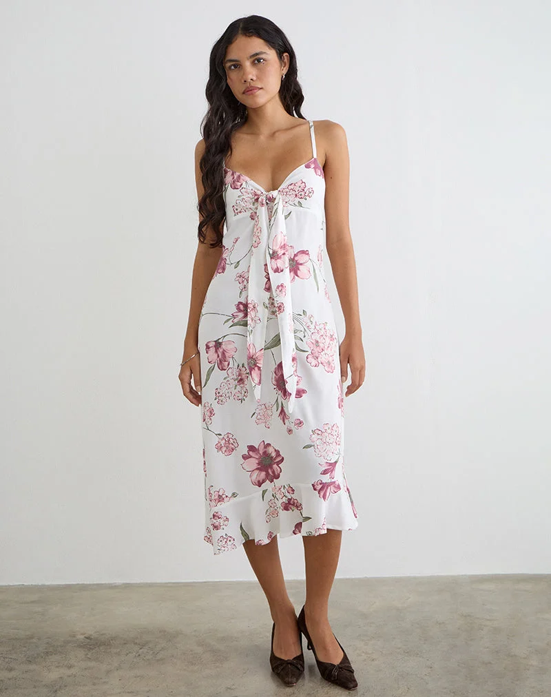 Robe midi Nalami, motif floral « Femme », blanche