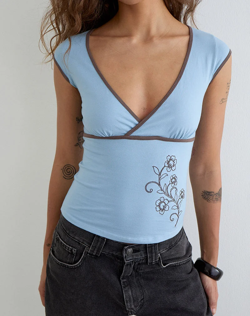 Haut Liuvia bleu Nantucket avec bordure en quartz café et broderie florale