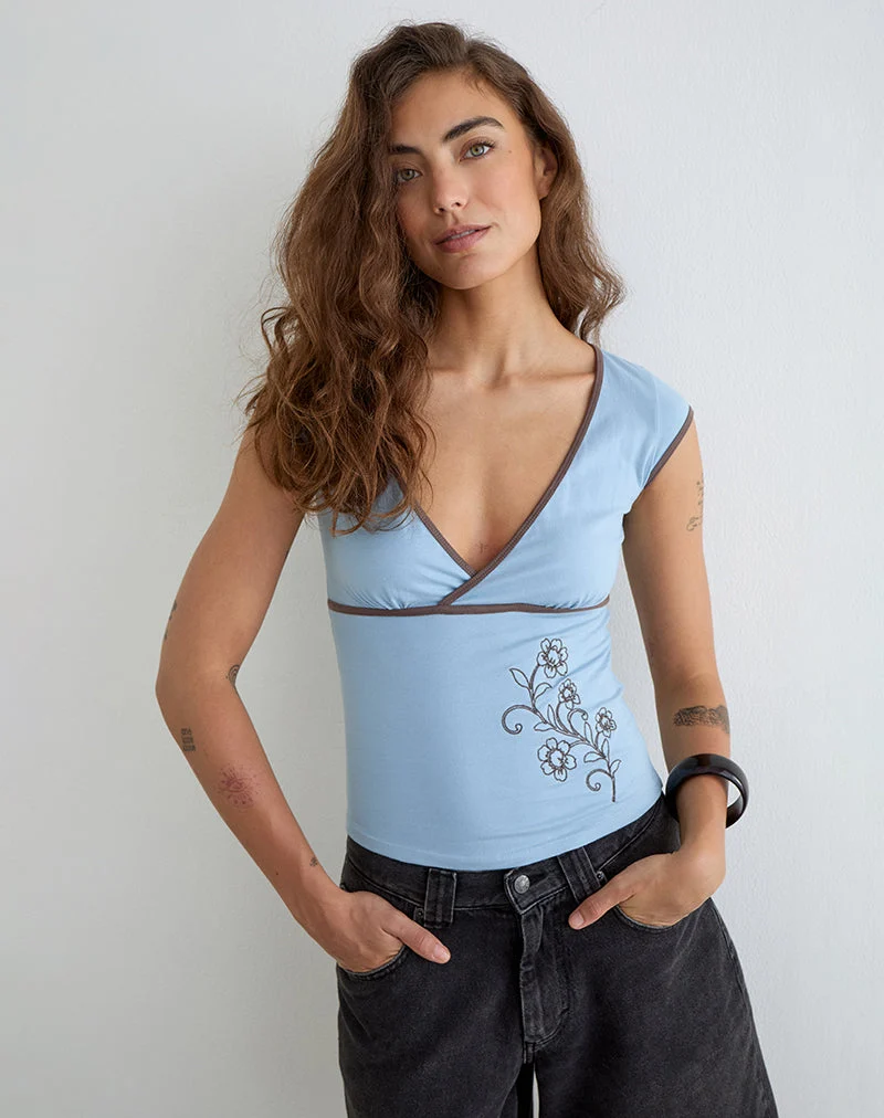 Haut Liuvia bleu Nantucket avec bordure en quartz café et broderie florale