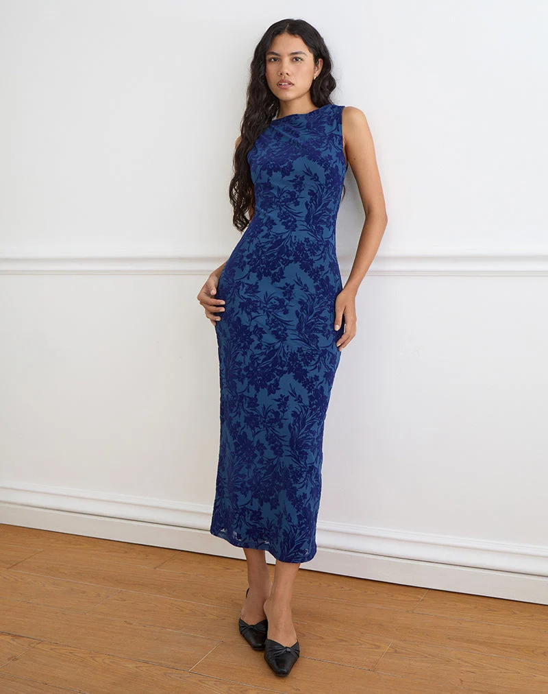 Robe longue Ventura, motif « Midnight Leaf Flock » bleu marine