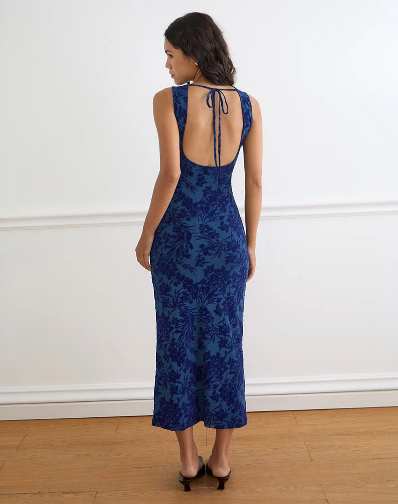 Robe longue Ventura, motif « Midnight Leaf Flock » bleu marine