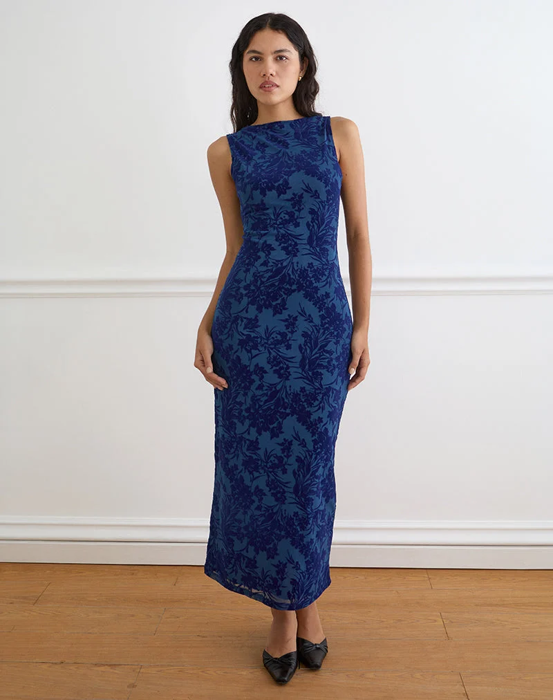 Robe longue Ventura, motif « Midnight Leaf Flock » bleu marine