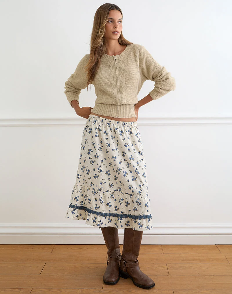 Jupe mi-longue Ilaria, motif « Ditsy Leaf Rose » bleu marine