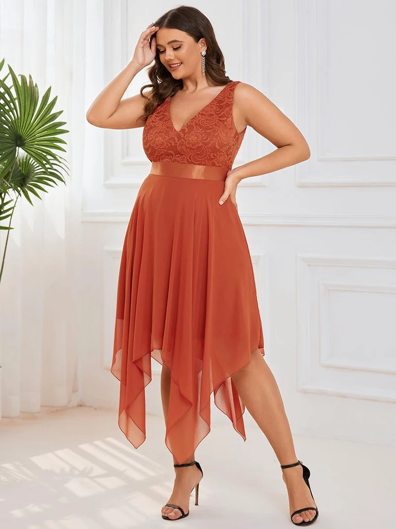 pretty COSTA|Superbe Robe mariage invitée en dentelle et en mousseline de soie à col en V de grande taille