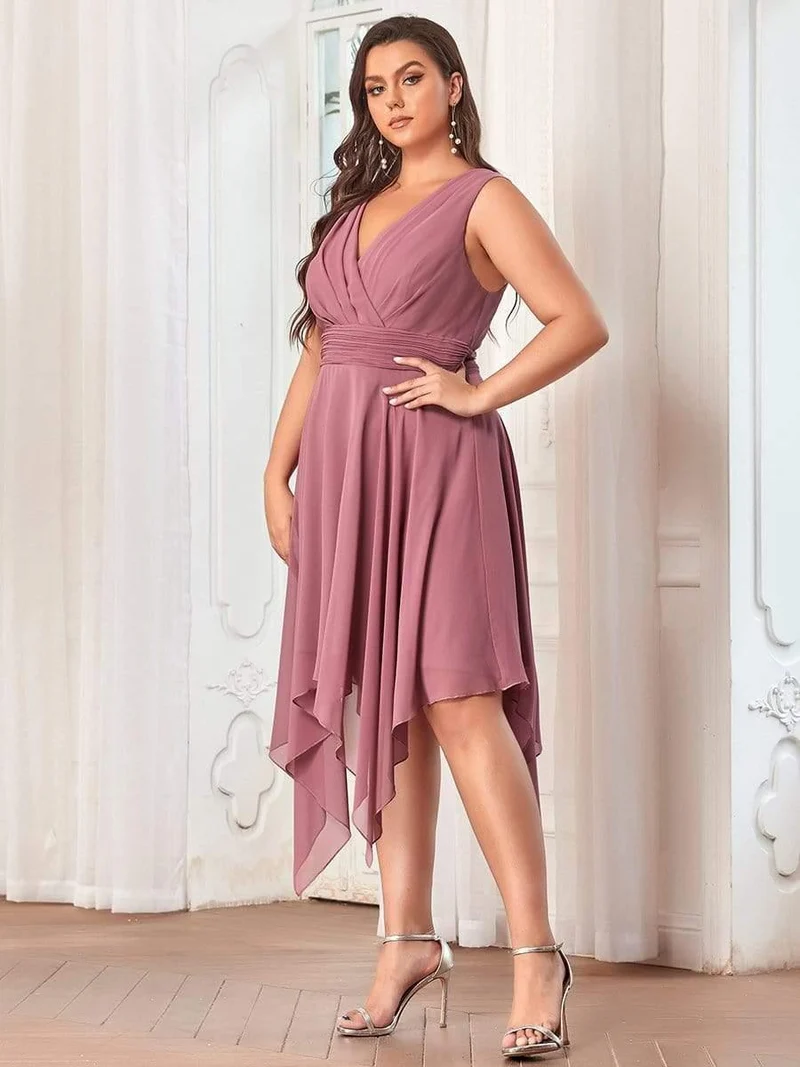 ever ELORA|Robe mariage invitée en Mousseline à Ourlet Asymétrique Longueur Genou de Grande Taille