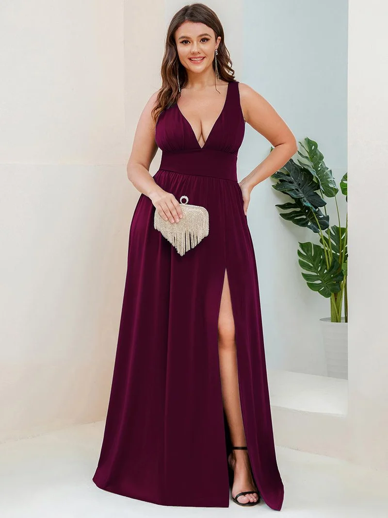 pretty SORAYA|Robe de bal grande taille sans manches col en v empire fendue au sol