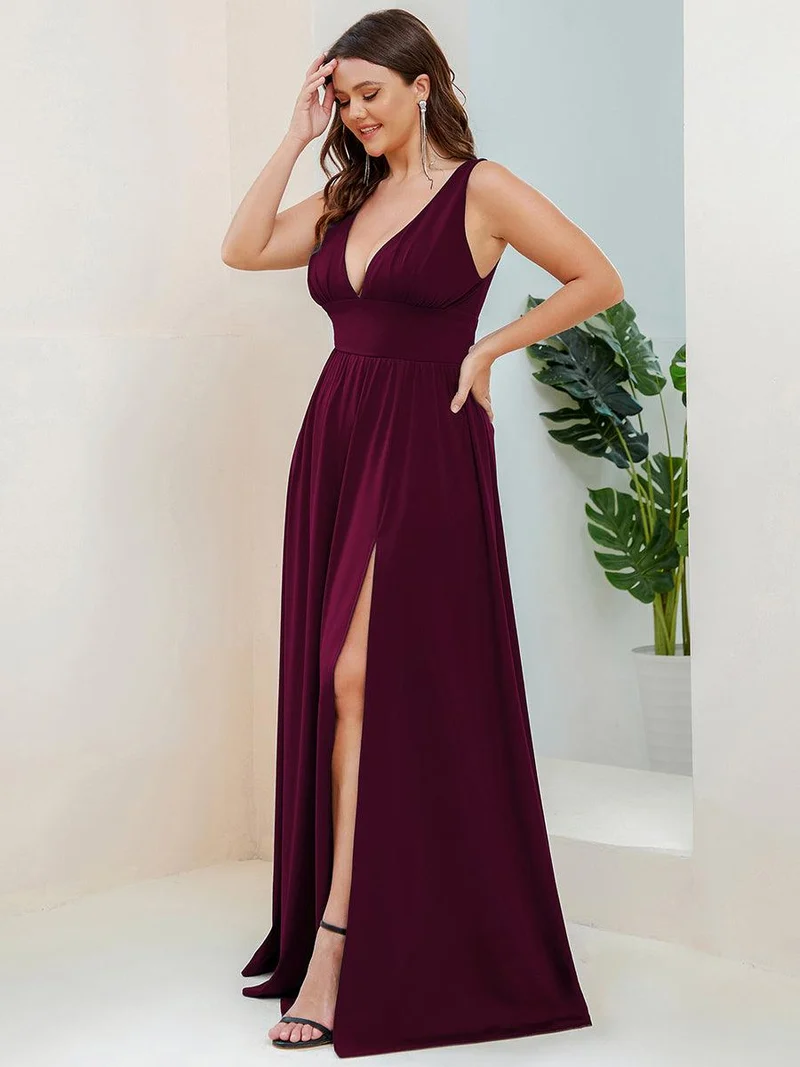 pretty SORAYA|Robe de bal grande taille sans manches col en v empire fendue au sol