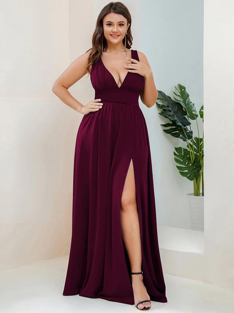 pretty SORAYA|Robe de bal grande taille sans manches col en v empire fendue au sol