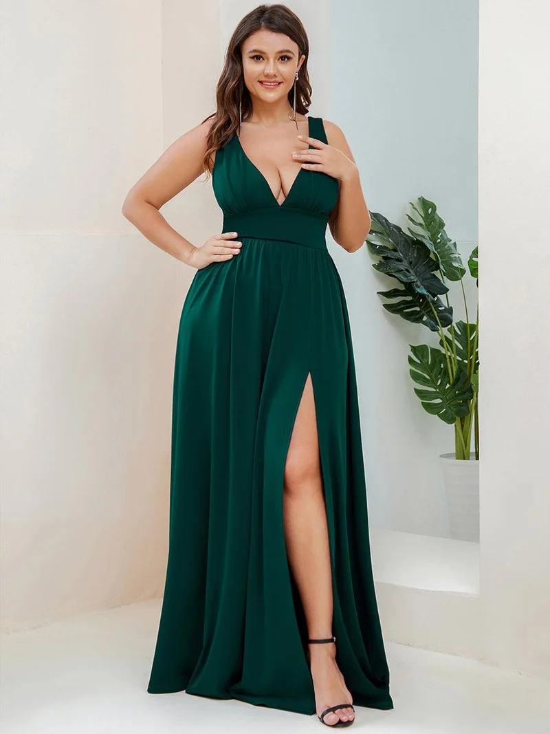 pretty SORAYA|Robe de bal grande taille sans manches col en v empire fendue au sol