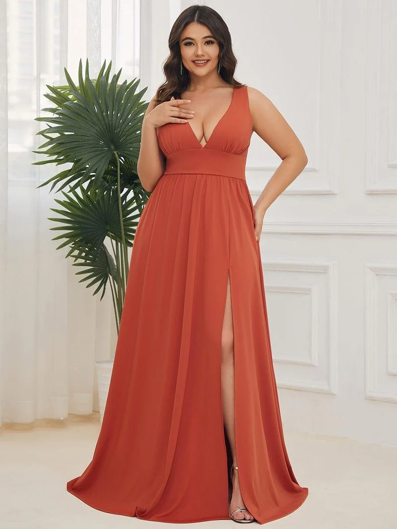 pretty SORAYA|Robe de bal grande taille sans manches col en v empire fendue au sol