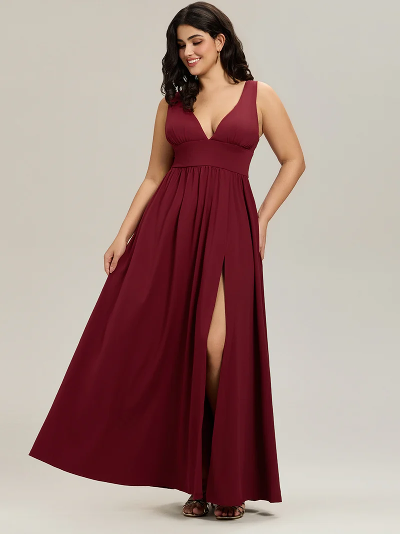 pretty SORAYA|Robe de bal grande taille sans manches col en v empire fendue au sol