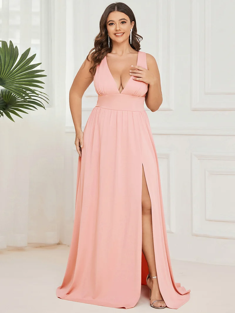 pretty SORAYA|Robe de bal grande taille sans manches col en v empire fendue au sol
