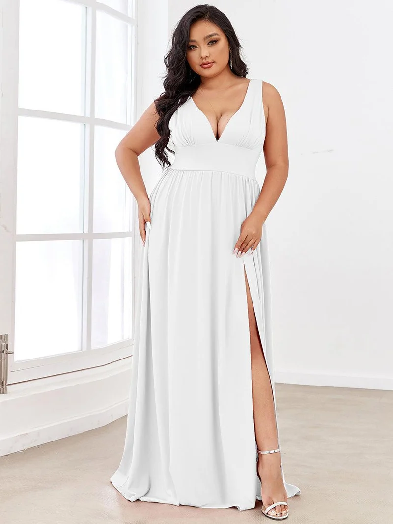 pretty SORAYA|Robe de bal grande taille sans manches col en v empire fendue au sol
