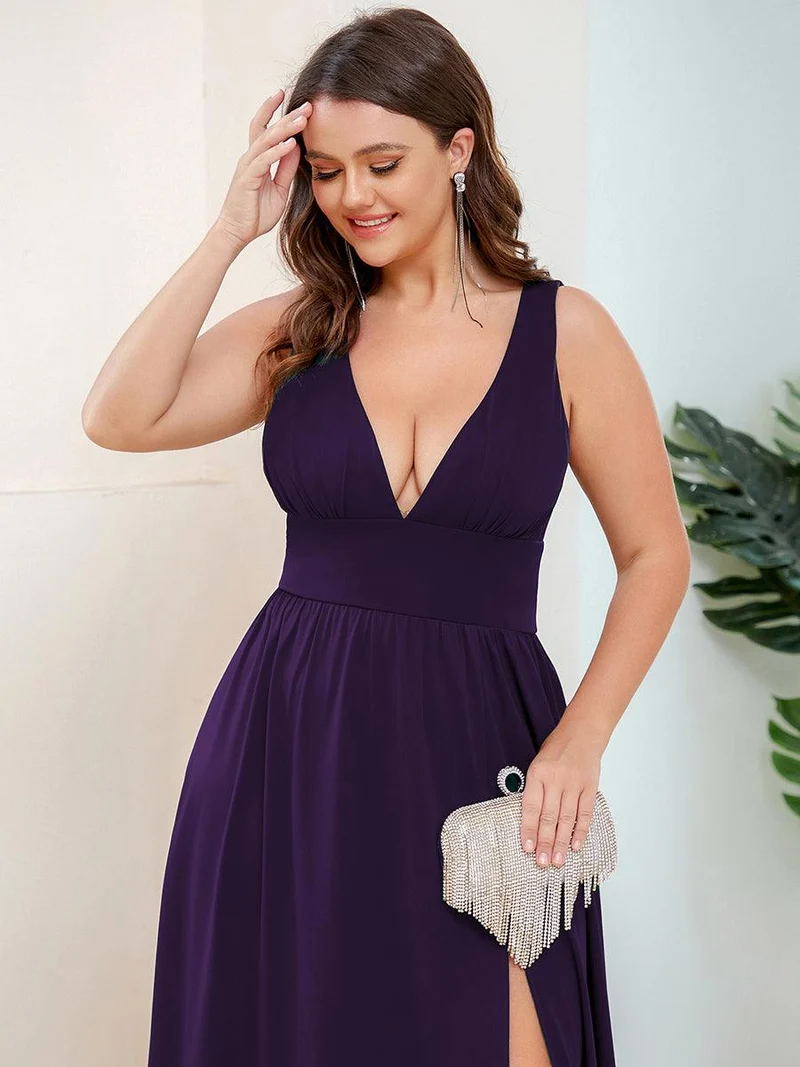 pretty SORAYA|Robe de bal grande taille sans manches col en v empire fendue au sol