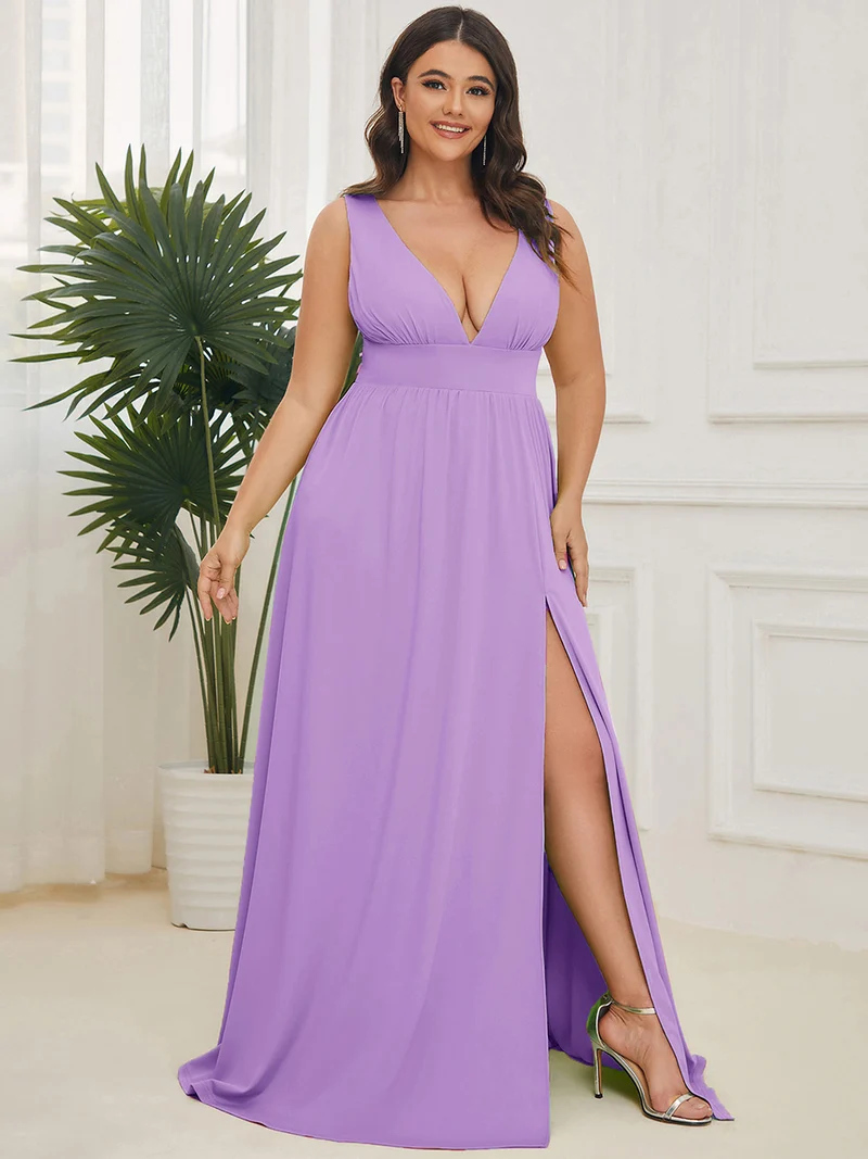 pretty SORAYA|Robe de bal grande taille sans manches col en v empire fendue au sol
