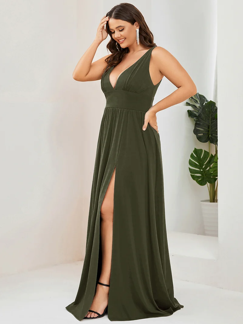 pretty SORAYA|Robe de bal grande taille sans manches col en v empire fendue au sol