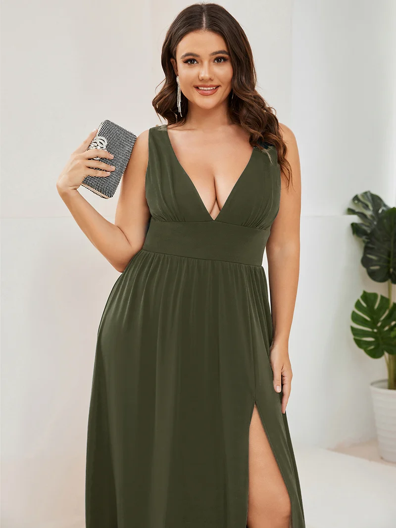 pretty SORAYA|Robe de bal grande taille sans manches col en v empire fendue au sol