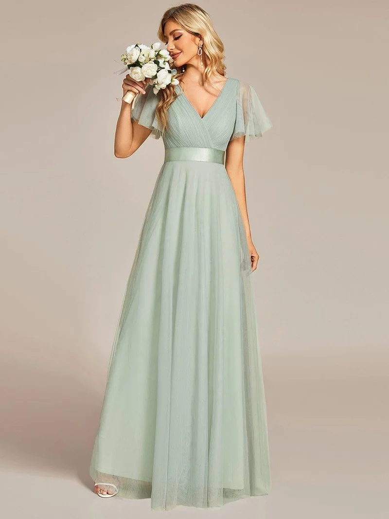 ever MISTE|Robe mariage invitée à manches courtes et à double col V pour femmes
