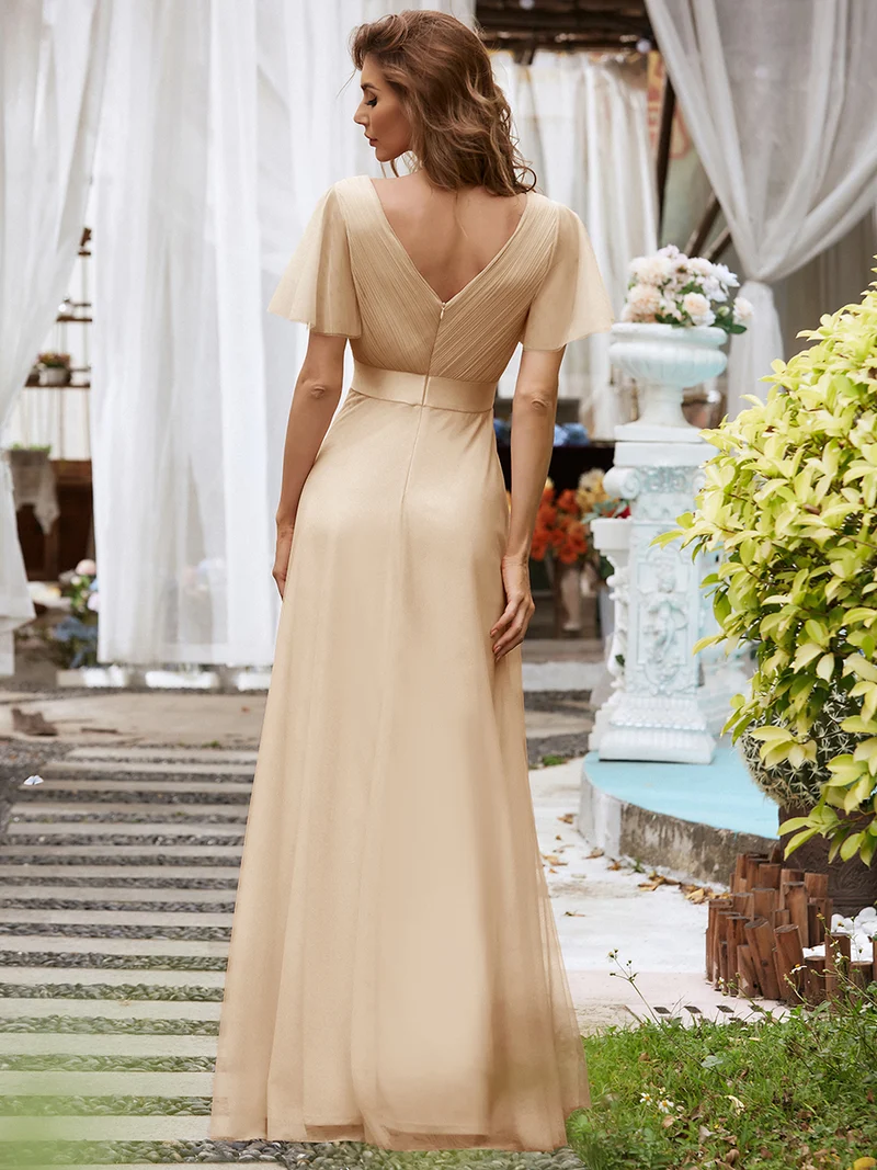 ever MISTE|Robe mariage invitée à manches courtes et à double col V pour femmes