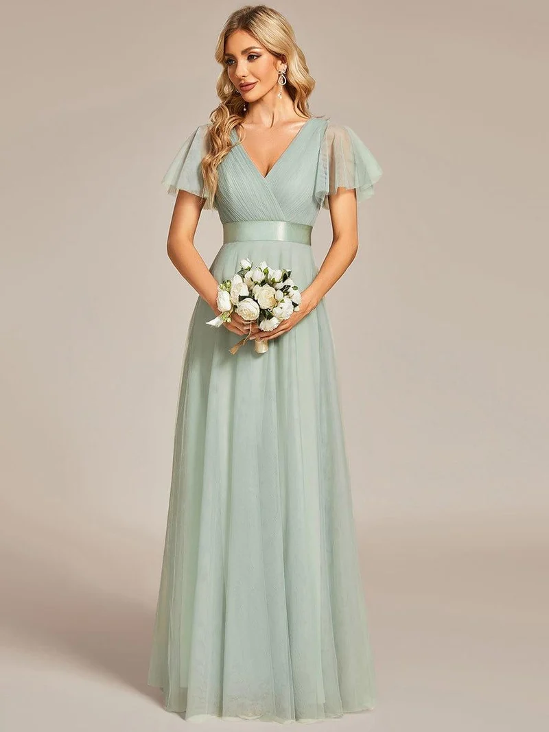 ever MISTE|Robe mariage invitée à manches courtes et à double col V pour femmes