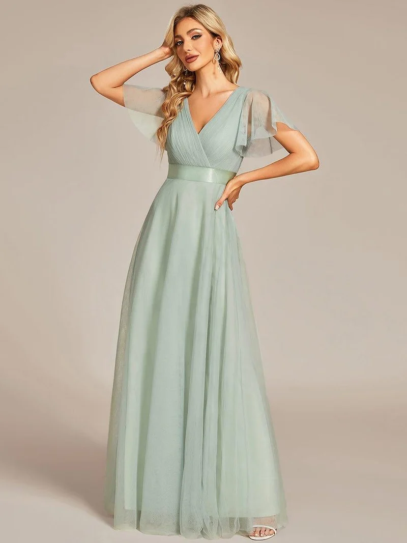 ever MISTE|Robe mariage invitée à manches courtes et à double col V pour femmes