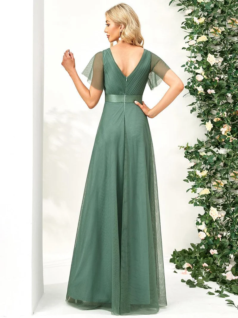 ever MISTE|Robe mariage invitée à manches courtes et à double col V pour femmes