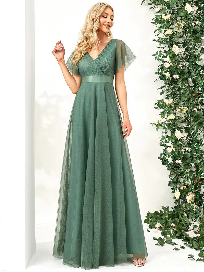 ever MISTE|Robe mariage invitée à manches courtes et à double col V pour femmes